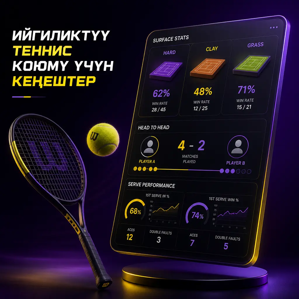 Теннис коюмдарында ийгиликке жетүү үчүн статистика, форма жана корт бетин талдоонун маанилүүлүгүн көрсөткөн сүрөт.