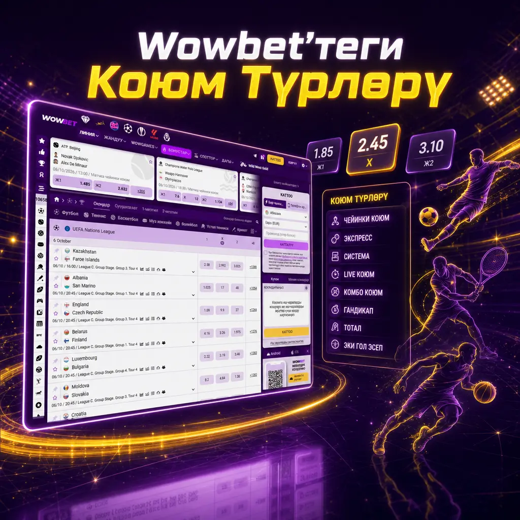 Wowbet'теги коюм түрлөрү: жеке коюм, экспресс, система, Handicap жана Тотал (Over/Under) форматтары