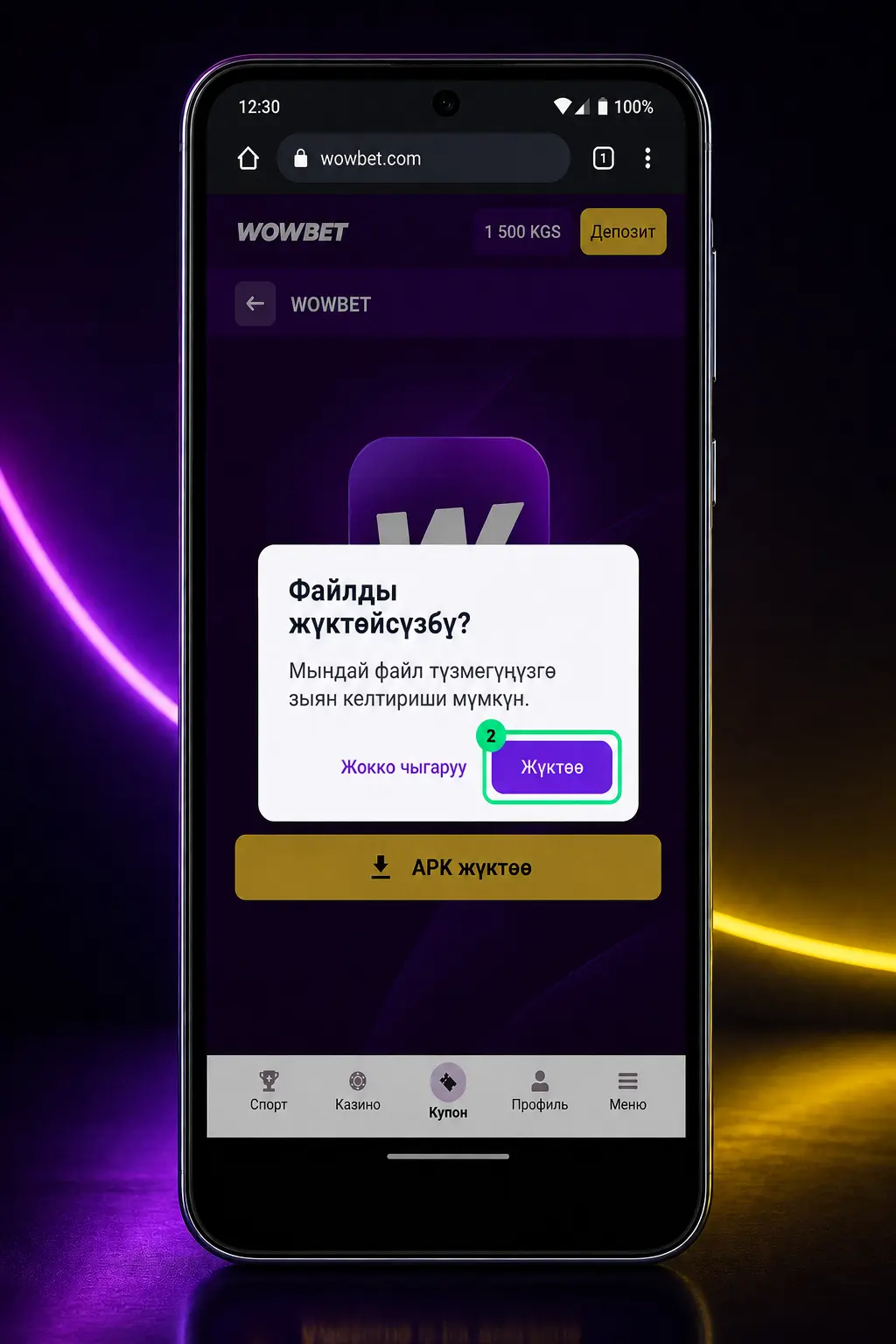 Wowbet Android колдонмосун APK аркылуу жүктөп, орнотуу кадамдарын көрсөткөн скриншот