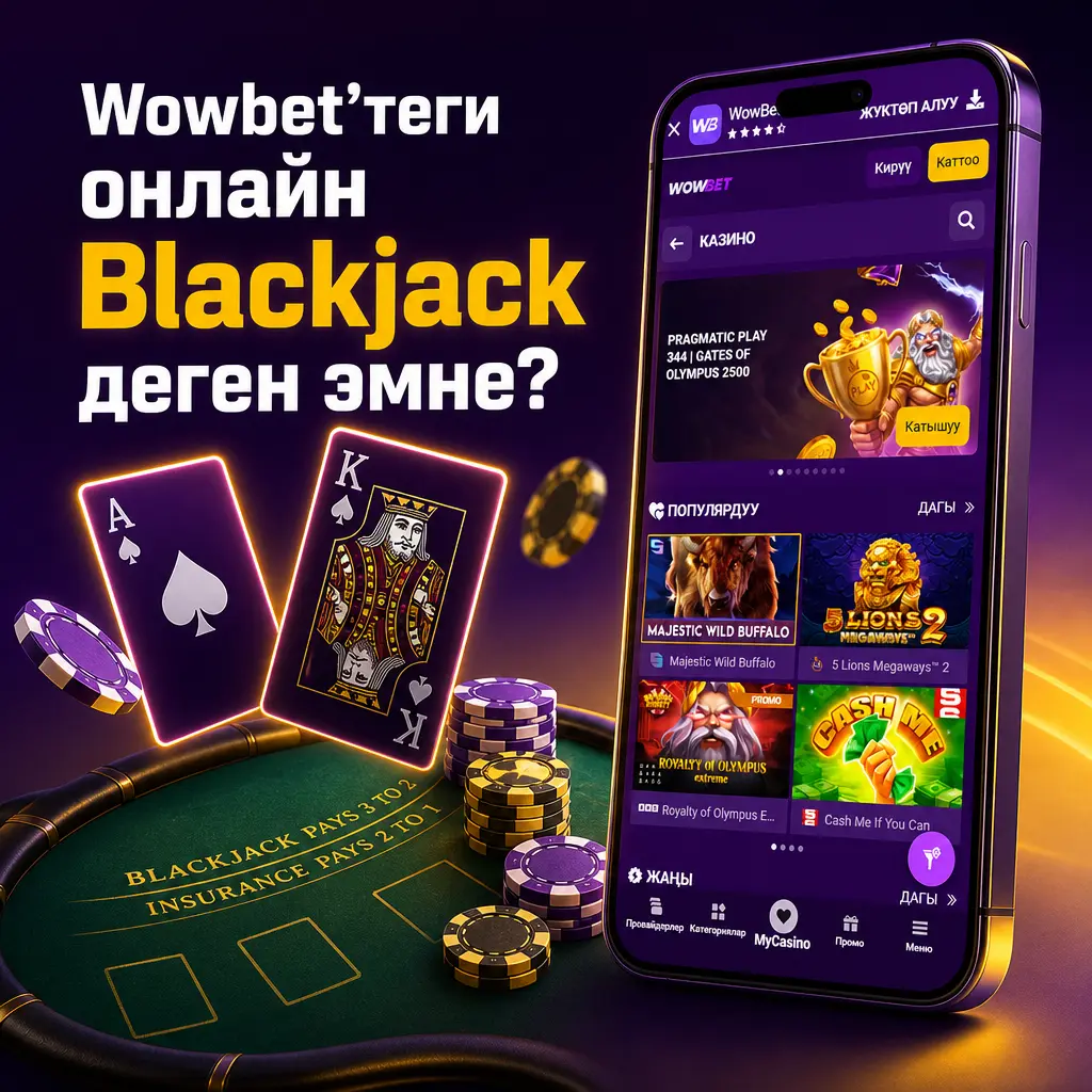 Wowbet платформасында 24/7 жеткиликтүү онлайн Blackjack оюну, live дилерлер жана акысыз демо версия менен тааныштыруучу сүрөт.